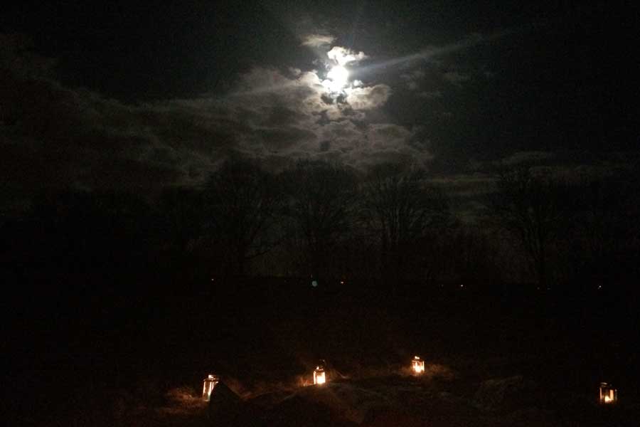 Lantaarns in een door de maan verlicht veld