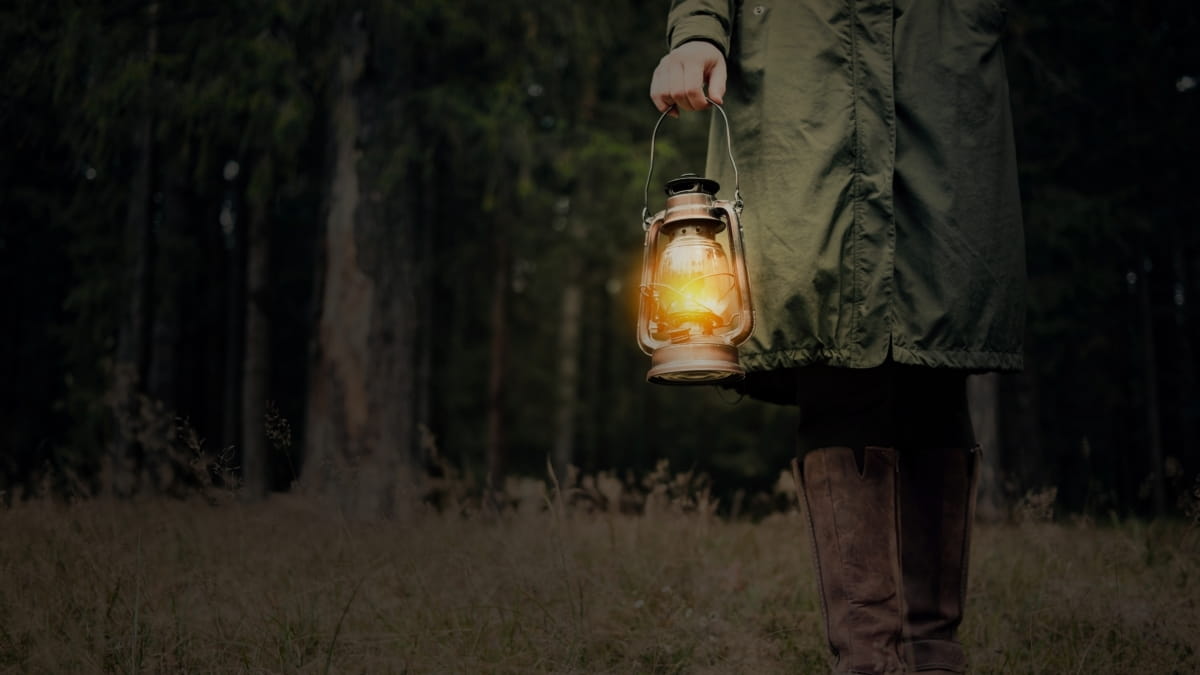 Boswachter met kinderen loopt in het donker door een bos