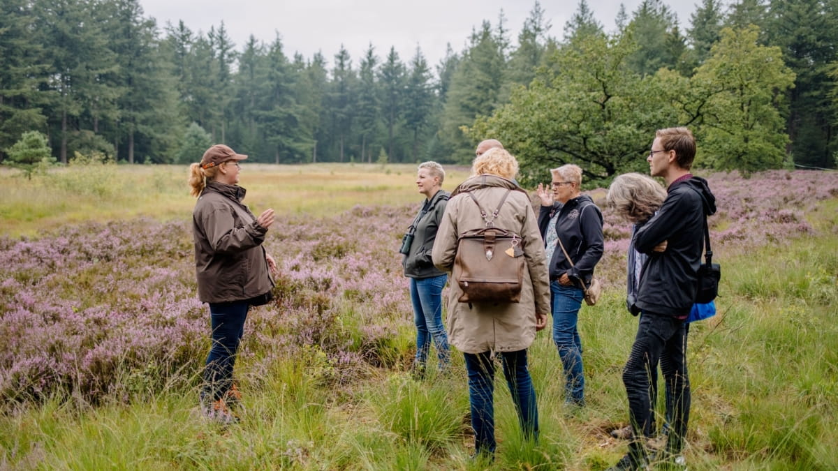 Een groep mensen krijgt uitleg van een boswachter tijdens een wandeling door een natuurgebied