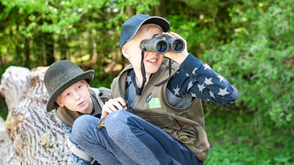 Twee kinderen met hun verrekijker op een omgevallen boom