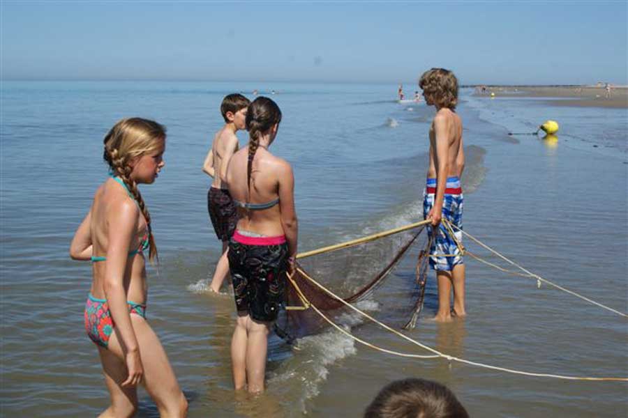 Vier kinderen in badkleding staan in zee met een groot vangnet