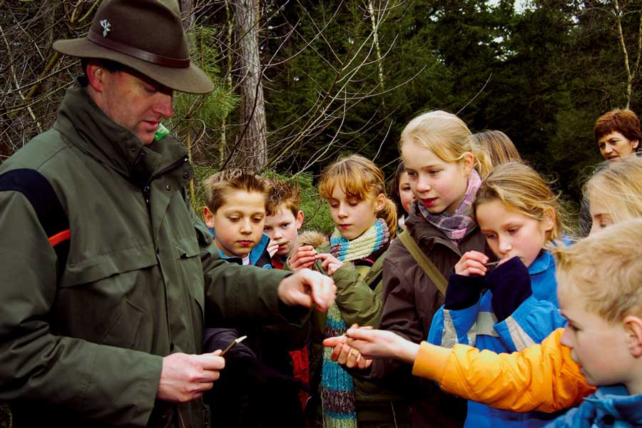 Een boswachter legt iets uit aan een groep kinderen in het bos