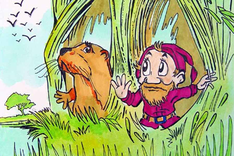 Getekende afbeelding van Zompie, de rietdwerg en otter Glanspels