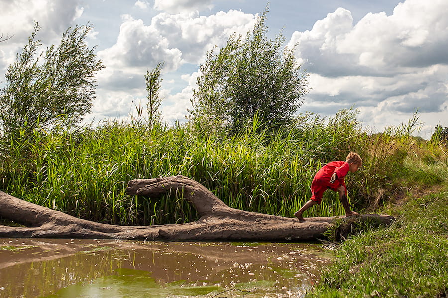 kind loopt over boomstam in water